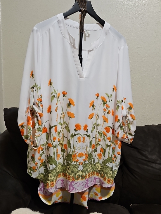 Cato Tops - Cato White Tunic with Orange Floral Border